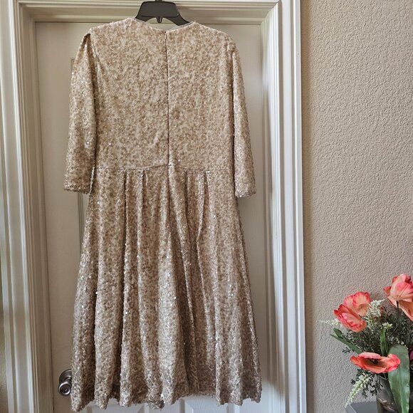 Modest Sequence 3/4 Sleeve Womens Bigoschi Light Brown Beige lined Dress Zip 46 - Picture 10 of 12